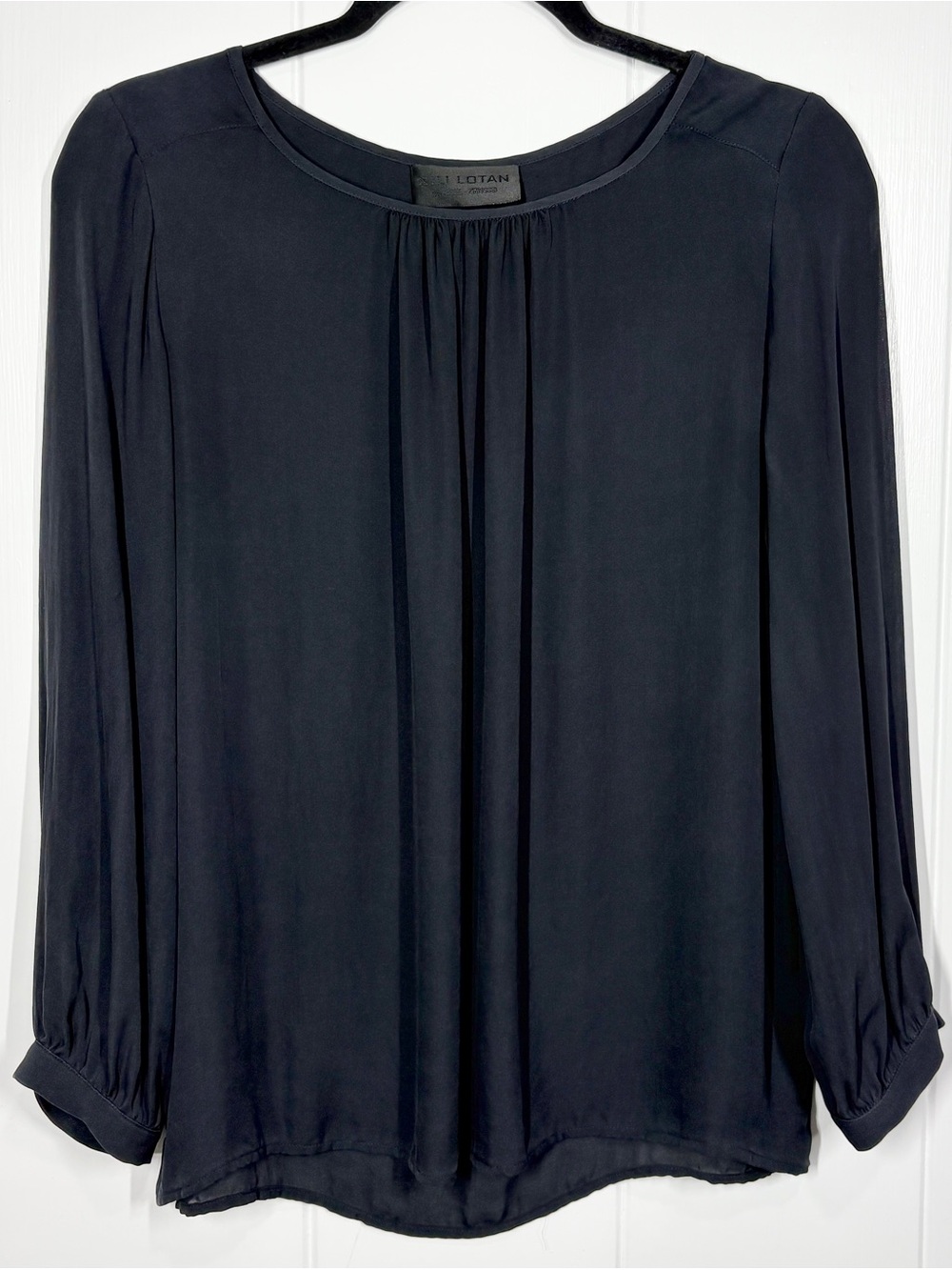 Nili Lotan Black Solid Round Neck 3/4 Sleeve Pleated Blouse Size Medium